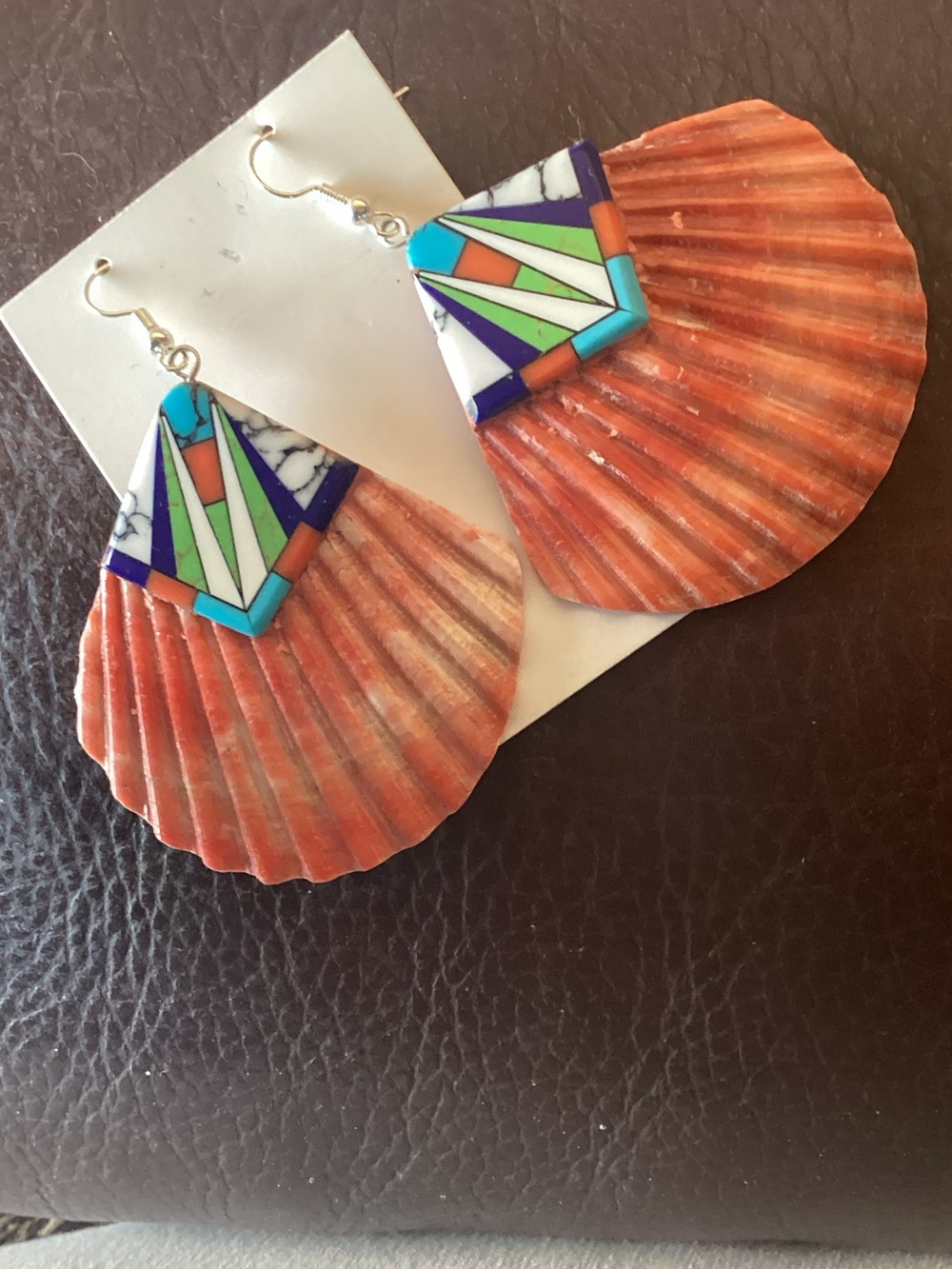 Spiny Oyster shell earrings mosaic top HUGE